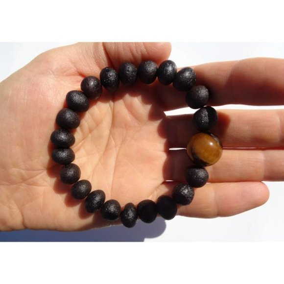 Amber Bracelet w Tigers Eye Bead, Unisex Bracelet, Baltic Amber Bracelet 23 cm - Picture 3 of 9
